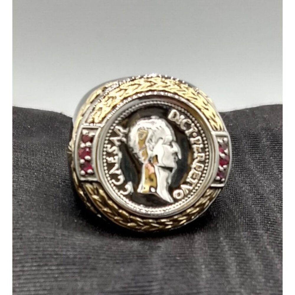 Caesar Dict Perpetvo Medallion Silver and Ruby Men's Ring - Michael Valitutti